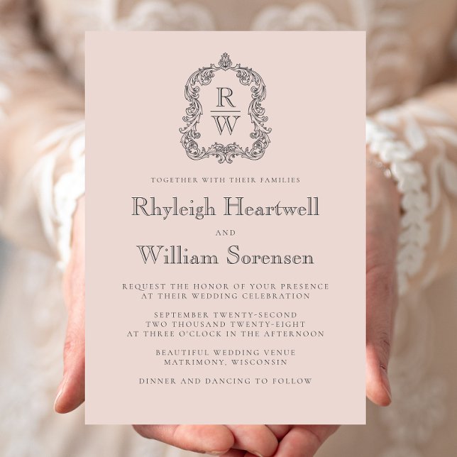Classic Blush Pink Monogram Crest Wedding Invitation (Creator Uploaded)