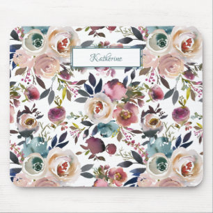 Classic Blush Pink Sage Green Dusty Blue Flowers Mouse Pad