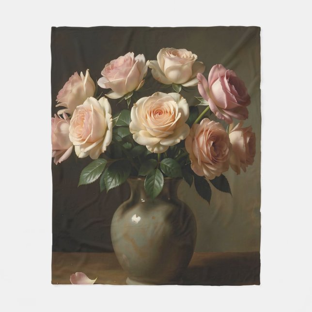 Classic Blush Rose Bouquet Still Life Fleece Blanket (Front)