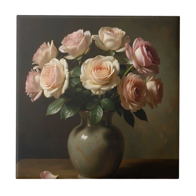 Classic Blush Rose Bouquet Still Life Tile (Front)