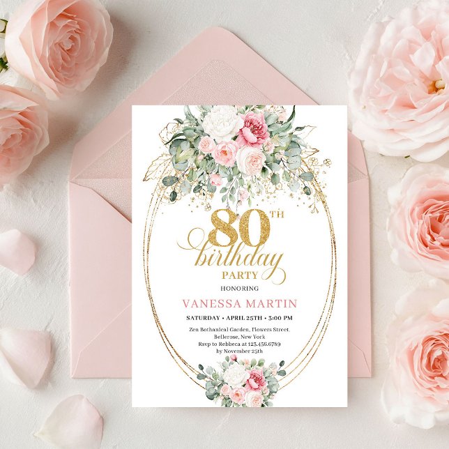 Classic Blush Roses Greenery Gold 80th Birthday  Invitation (Classic Blush Roses Greenery Gold 80th Birthday Invite)
