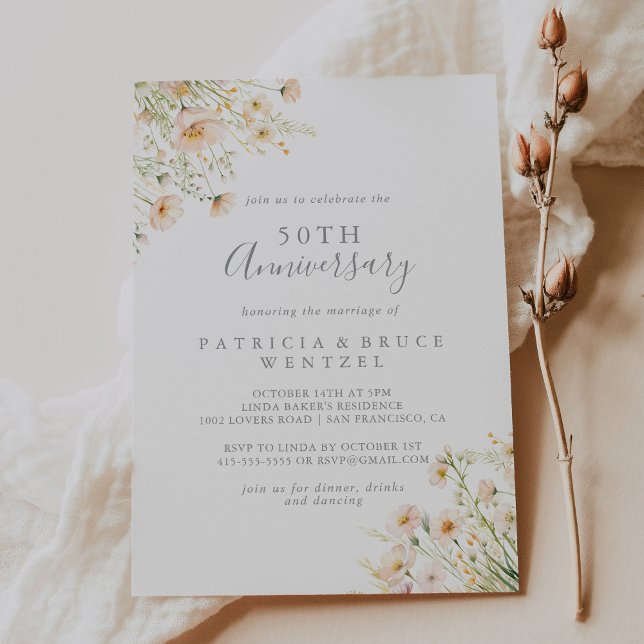Classic Blush Wildflower 50th Wedding Anniversary Invitation (Creator Uploaded)