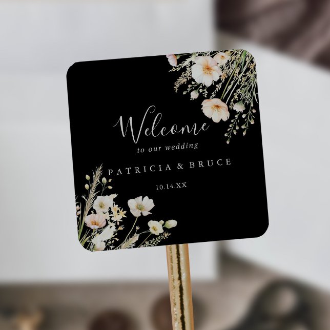 Classic Blush Wildflower Black Wedding Welcome Square Sticker (Creator Uploaded)