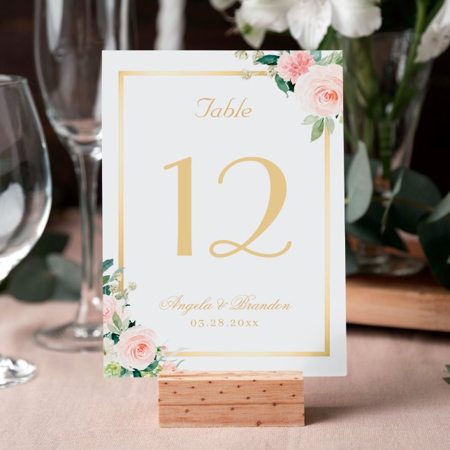 Classic Blushing Pink Floral Gold Frame Wedding Table Number (Creator Uploaded)