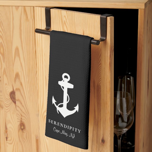 Classic Boat Anchor Monogram Black Tea Towel (Thirds Fold)