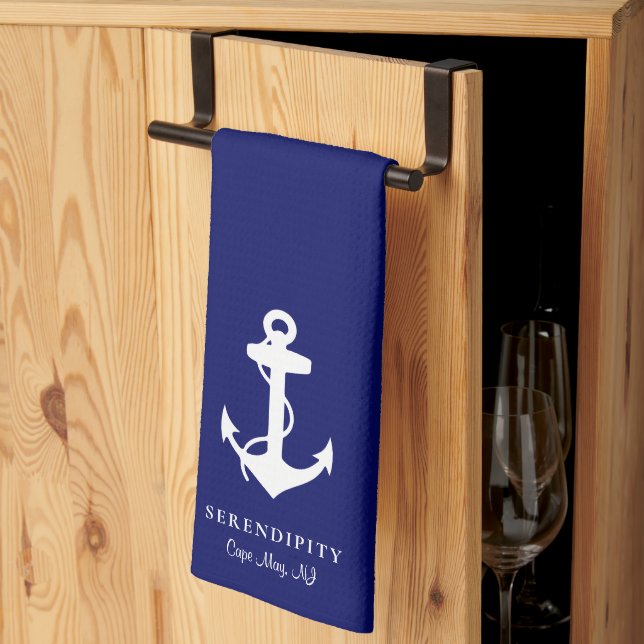 Classic Boat Anchor Monogram Navy Blue Tea Towel (Thirds Fold)