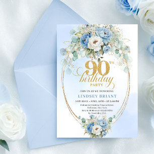 Classic Bohemian Blue Flowers 90th Birthday Invite
