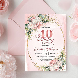 Classic Bohemian Blush Flowers Gold 40th Birthday Invitation