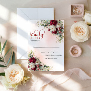 Classic Bohemian Red and White Flowers Gold Weddin RSVP Card