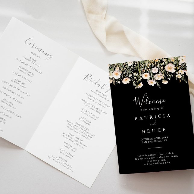 Classic Boho Blush Wildflower Black Folded Wedding Programme (Creator Uploaded)