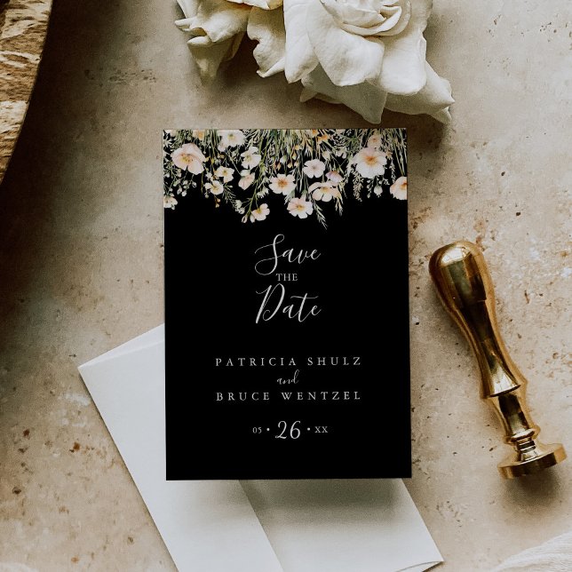 Classic Boho Blush Wildflower Black Save the Date Postcard (Creator Uploaded)