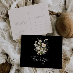 Classic Boho Blush Wildflower Black Thank You Postcard