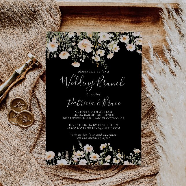 Classic Boho Blush Wildflower Black Wedding Brunch Invitation (Creator Uploaded)