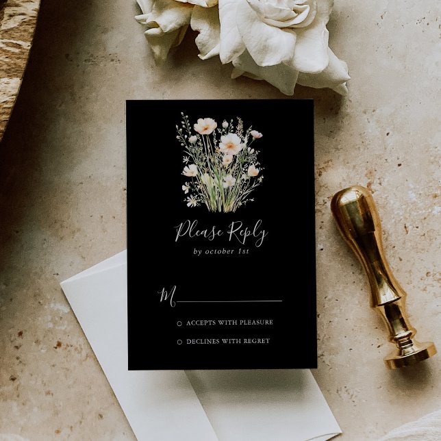 Classic Boho Blush Wildflower Black Wedding RSVP Card (Creator Uploaded)