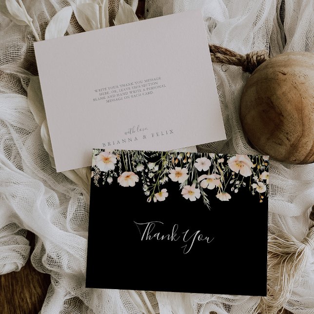 Classic Boho Blush Wildflower Flat Black Wedding Thank You Card (Creator Uploaded)