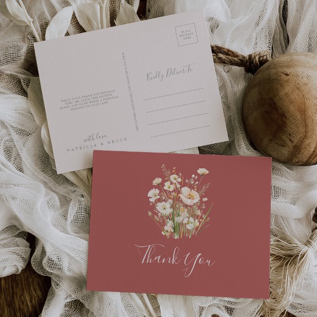 Classic Boho Blush Wildflower Thank You Postcard (Creator Uploaded)