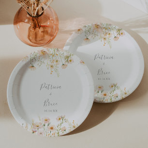 Classic Boho Blush Wildflower Wedding Cake Paper Plate