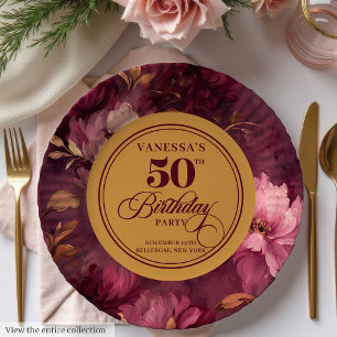 Classic Boho Burgundy Blush Gold 50th Birthday  Paper Plate