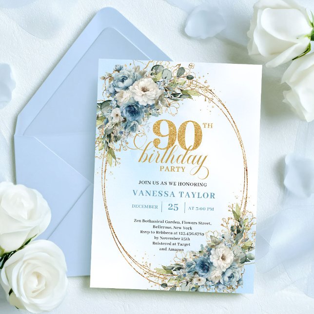 Classic Boho Dusty Blue Eucalyptus Gold 90th Bday Invitation (Classic Boho Dusty Blue Eucalyptus Gold 90th Birthday)