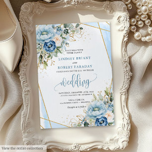 Classic boho dusty blue white flowers wedding invitation