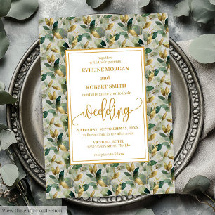 Classic Boho Forest Green Gold Eucalyptus Wedding Invitation