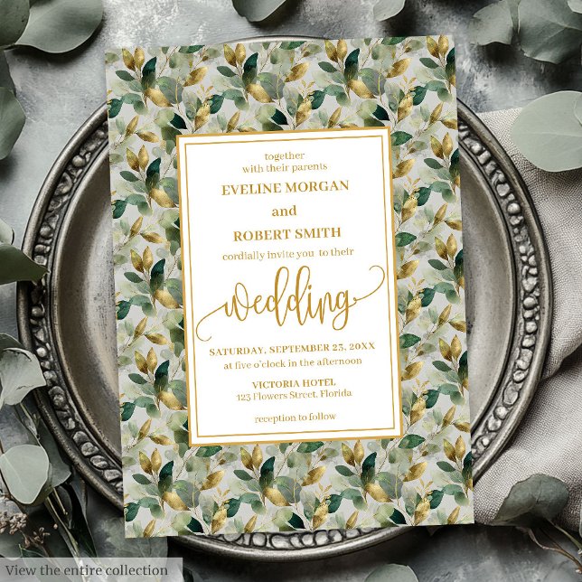 Classic Boho Forest Green Gold Eucalyptus Wedding Invitation (Classic Boho Forest Green Gold Eucalyptus Wedding Invitation)