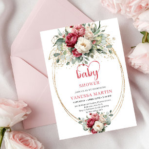 Classic Boho Red White Floral Gold Baby Shower Invitation