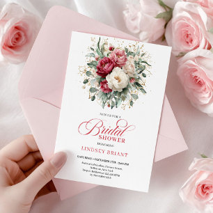 Classic Boho Red White Floral Gold Bridal Shower Invitation