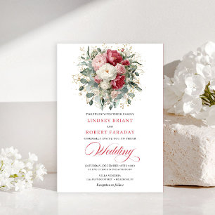 Classic Boho Red White Gold Floral Wedding Invite
