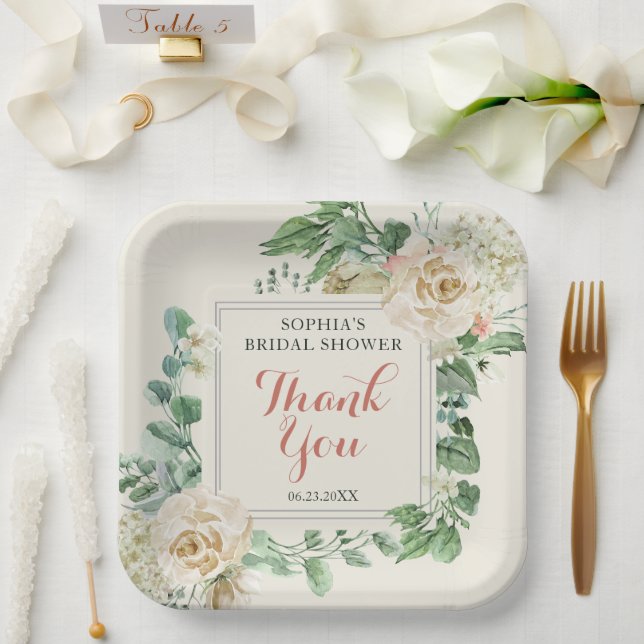Classic Boho Rose Floral Bridal Shower Thank You Paper Plate (Wedding)