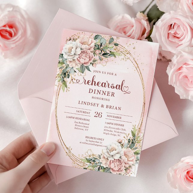 Classic Boho Rose Gold Eucalyptus Rehearsal Dinner Invitation (Classic Boho Rose Gold Eucalyptus Rehearsal Dinner)