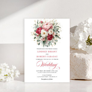 Classic Boho Ruby Red Blush Gold Floral Invitation