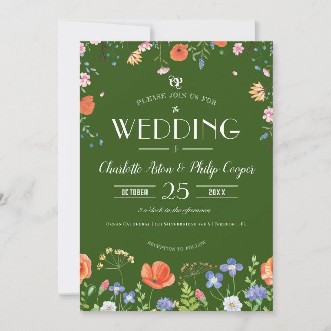 Classic Boho Watercolor Wildflower Green Wedding Invitation (Front)