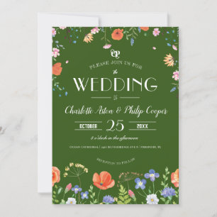 Classic Boho Watercolor Wildflower Green Wedding Invitation