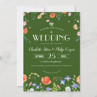 Classic Boho Watercolor Wildflower Green Wedding Invitation