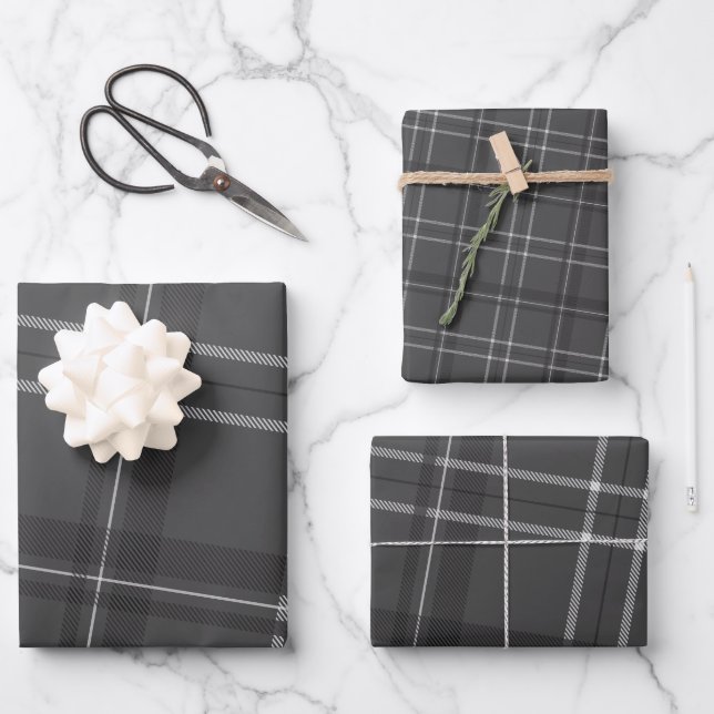 Classic bold holiday plaid slate grey monochrome wrapping paper sheet (Front)