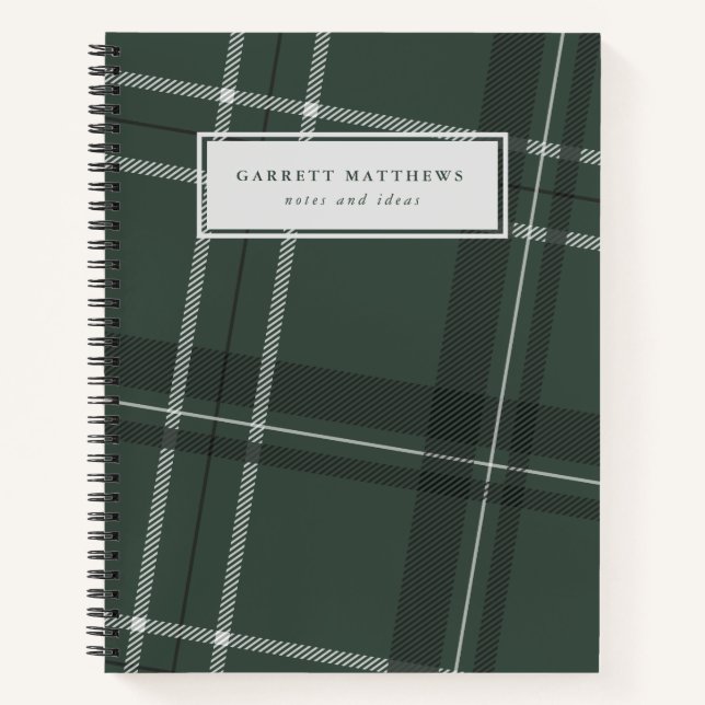 Classic bold hunter green plaid personalised notebook (Front)