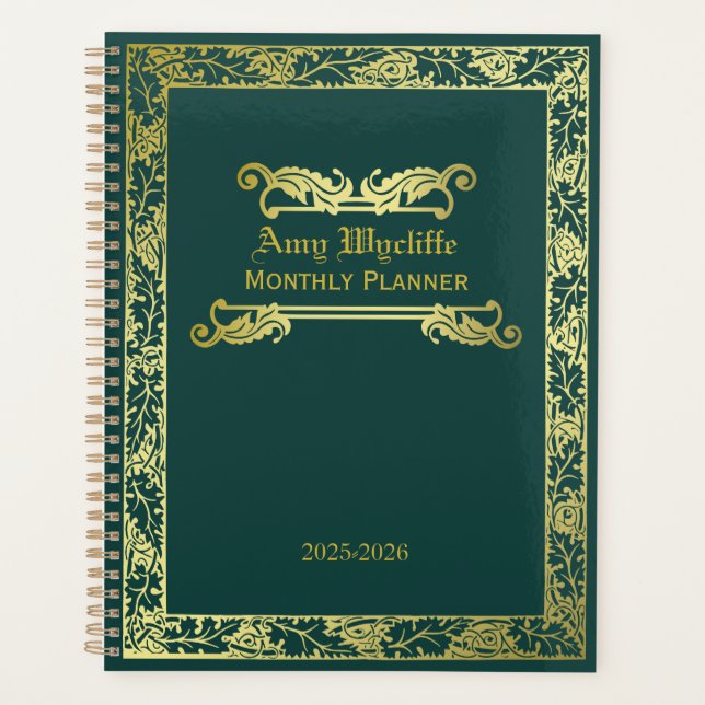 Classic Book Cover Gold Green Foliage Ornament Planner (Front)