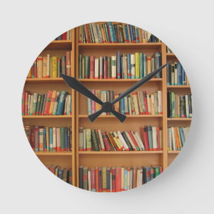 Classic book shelf pattern, bookcase,books,old round clock