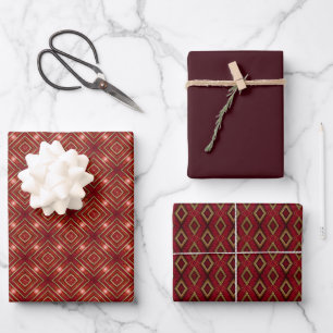 Classic Bordeaux Red & Gold 3 Piece Wrap Set Wrapping Paper Sheet