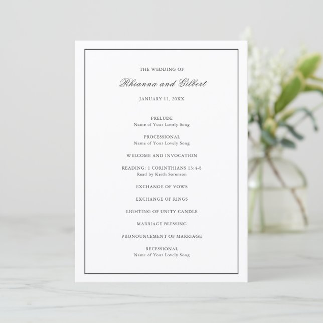 Classic Border Black and White Timeless Wedding Programme (Standing Front)