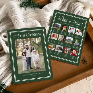 Classic Border Forest Green Year in Review Photo Holiday Card
