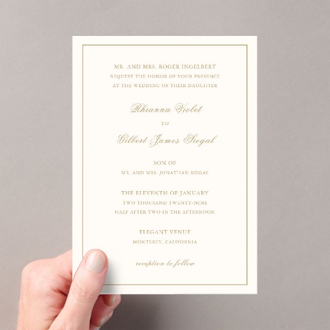 Classic Border Ivory and Gold Timeless Wedding Acrylic Invitations (Insitu (Handheld))