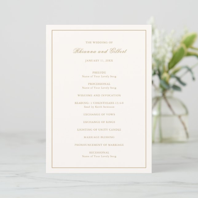 Classic Border Ivory and Gold Timeless Wedding Programme (Standing Front)