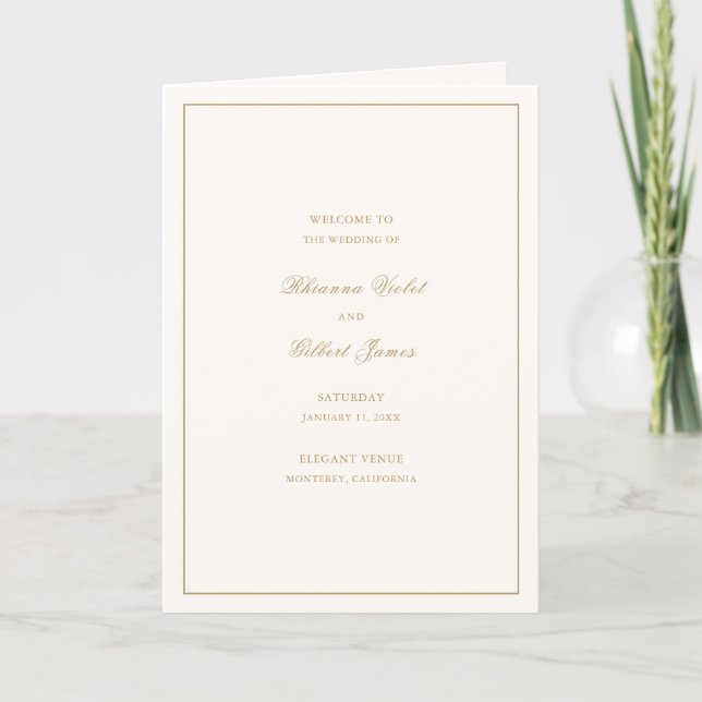 Classic Border Ivory and Gold Timeless Wedding Programme (Front)