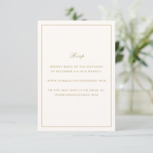 Classic Border Ivory and Gold Timeless Wedding RSVP Card (Standing Front)