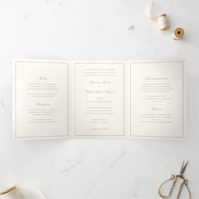 Classic Border Ivory and Gold Timeless Wedding Tri-Fold Invitation (Inside)