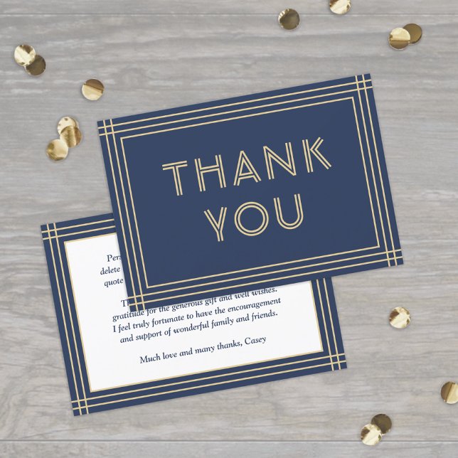 Classic Border Navy Blue & Gold Simple Typography Thank You Card (Creator Uploaded)