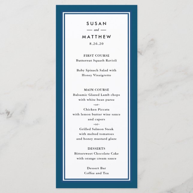 Classic Border Navy Blue Wedding Menu (Front)