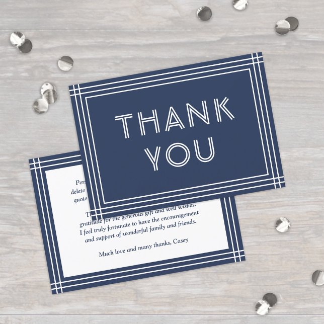 Classic Border Navy Blue & White Simple Typography Thank You Card (Creator Uploaded)